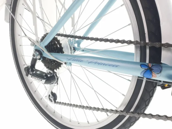 Close-up of a blue children's bicycle rear wheel.