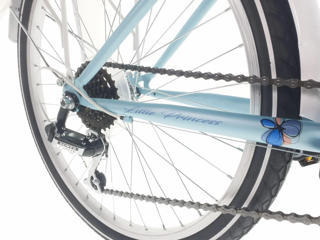 Close-up of a blue children's bicycle rear wheel.