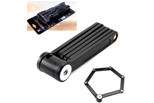 Hopfällbart cykellås med förpackning och låstyp visade.