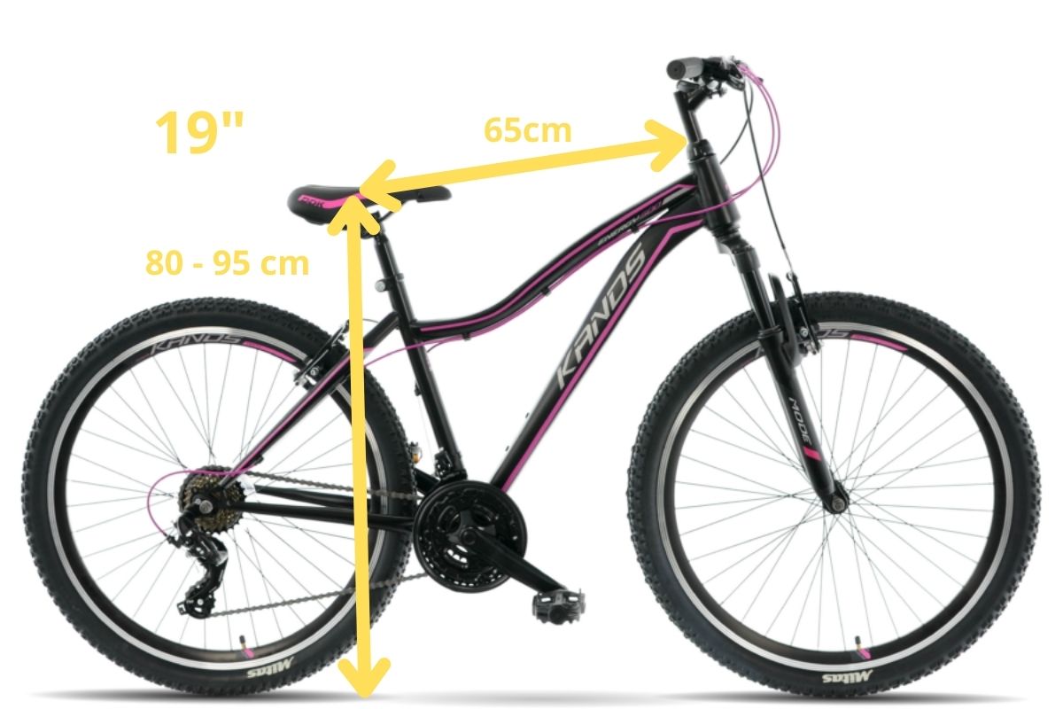 Svart och rosa cykel med måttangivelser.