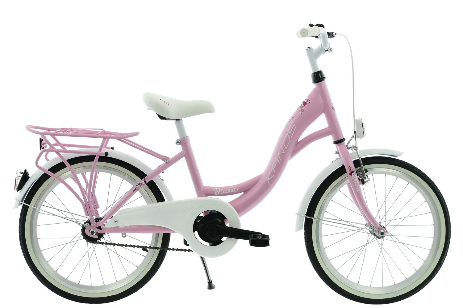 Pink kids' bicycle with white seat and handlebars