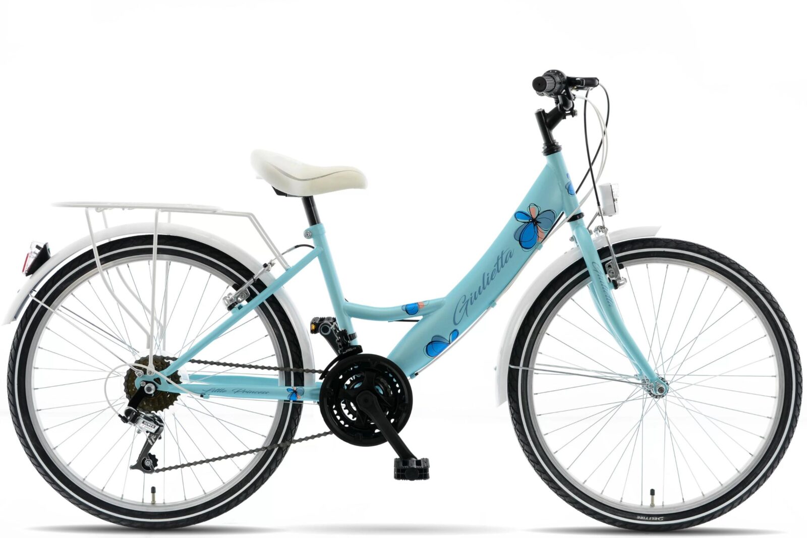 Light blue bicycle with floral design and white seat.