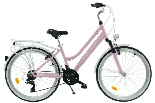 Rosa damcykel med pakethållare och ljus.