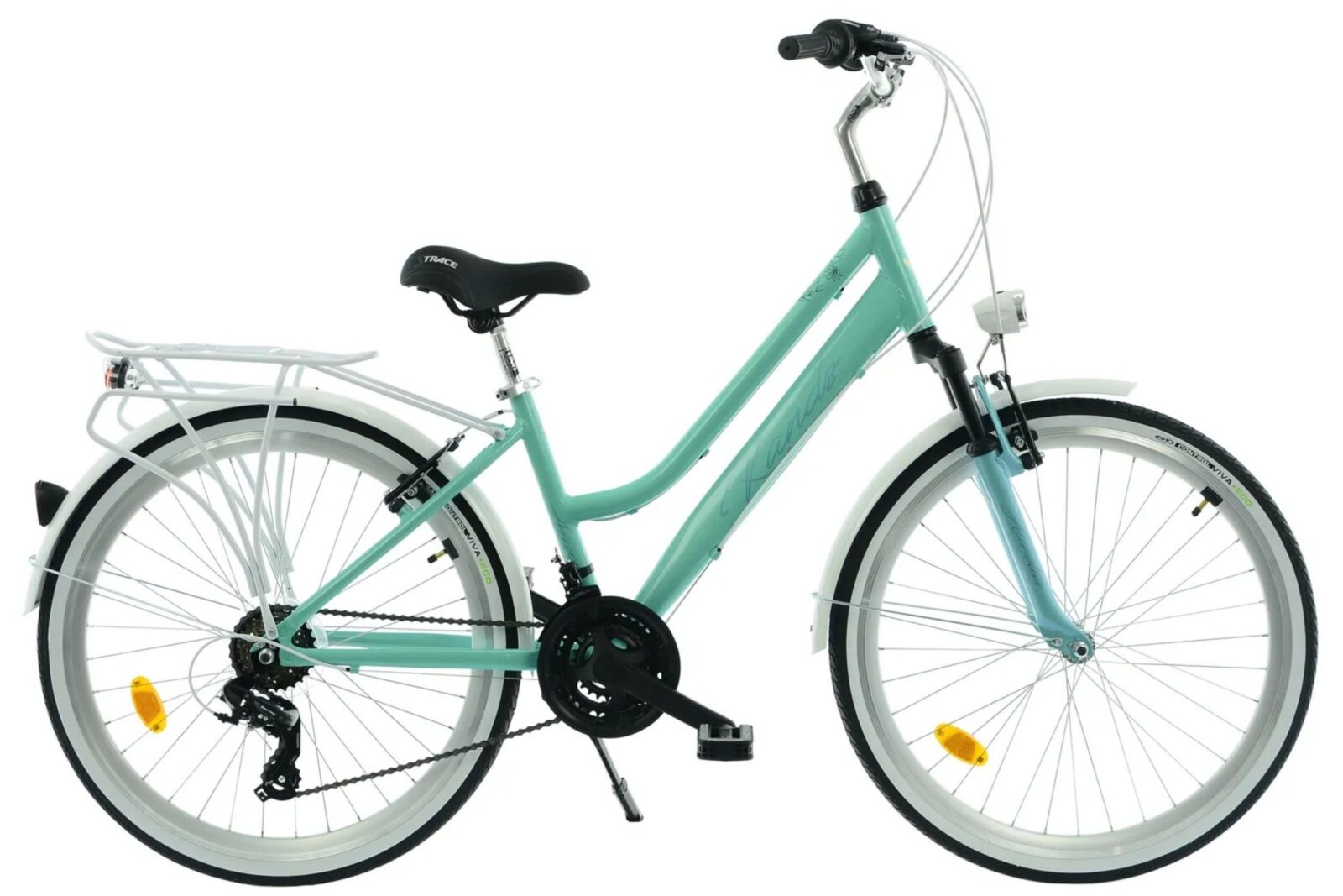 Damcykel med turkos ram och pakethållare