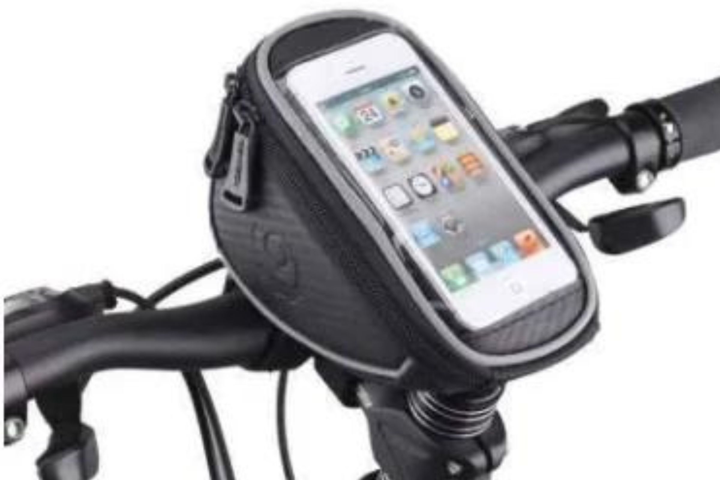 Mobile phone holder attached to a bicycle handlebar.