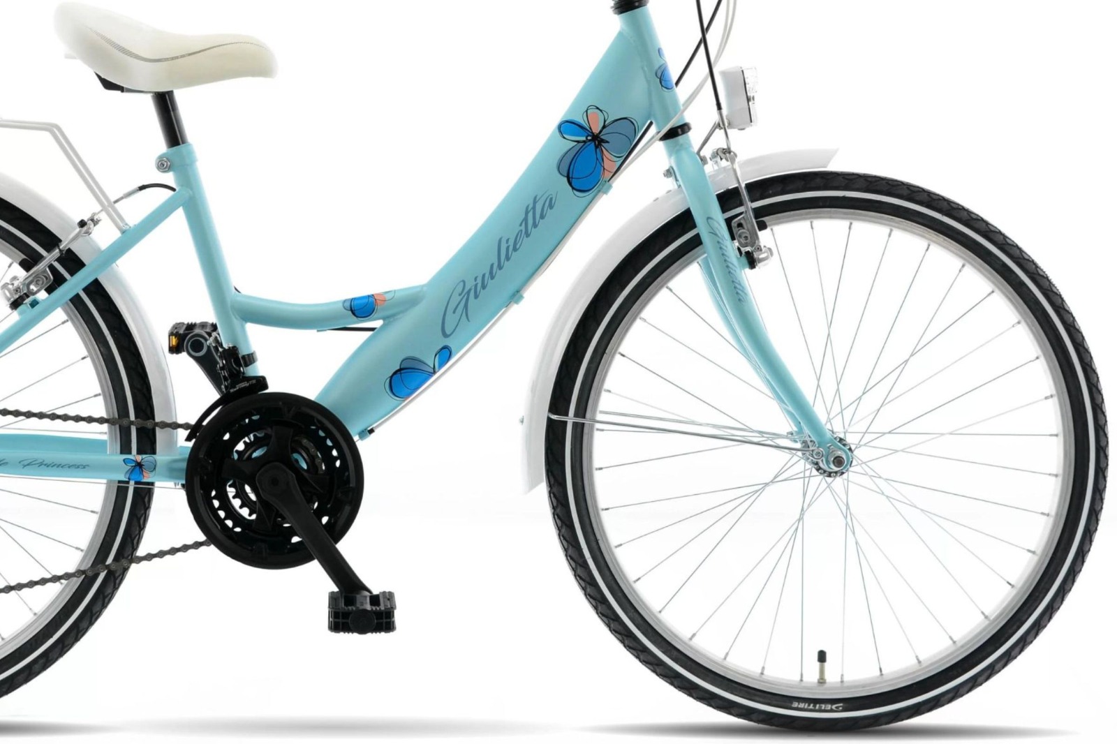 Light blue bicycle with floral design.