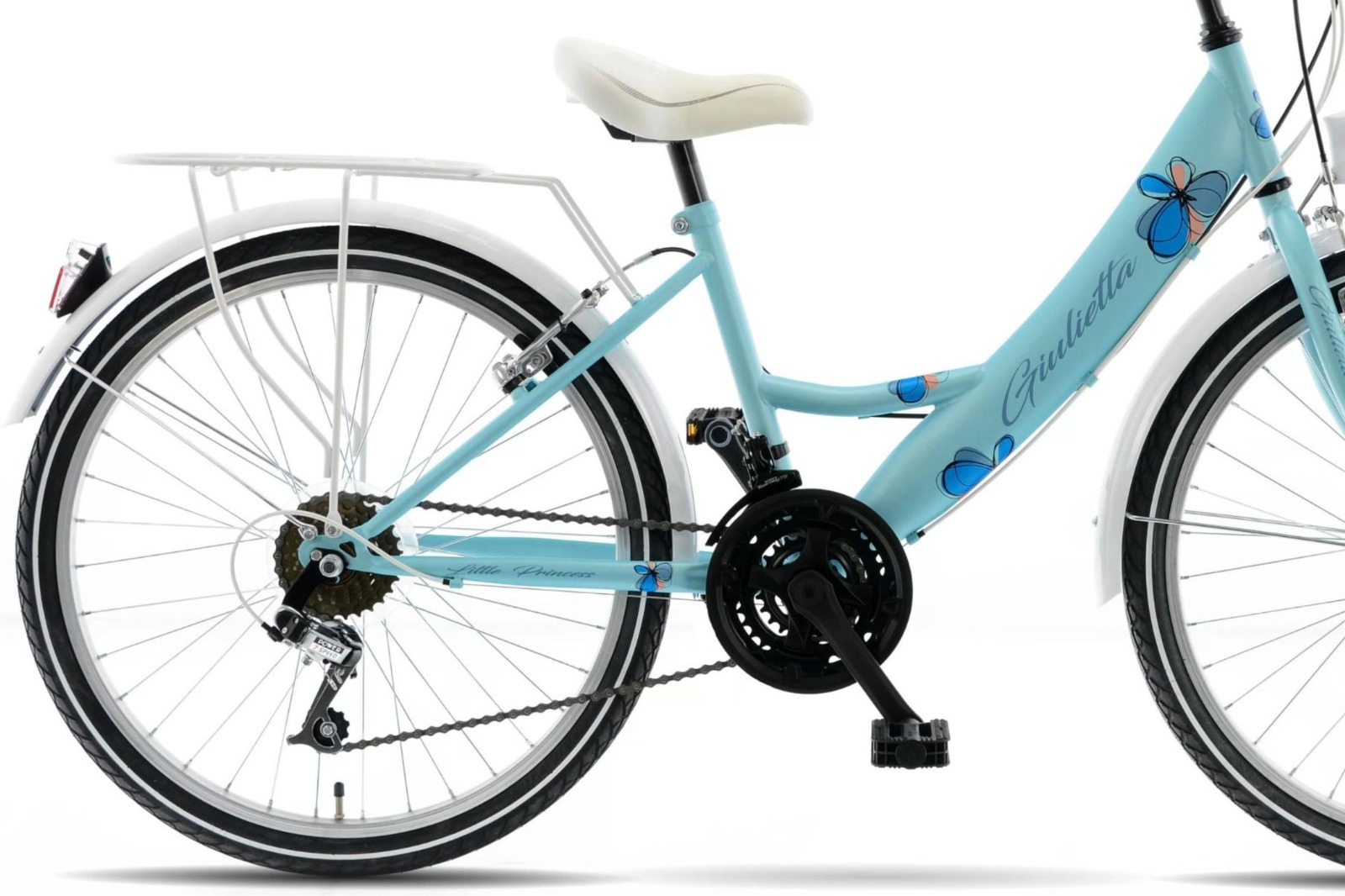 Blue bicycle with floral design details.