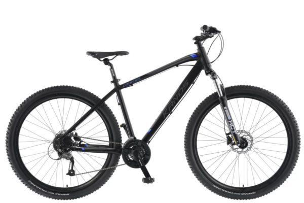 Black mountain bike with wide tyres and suspension.