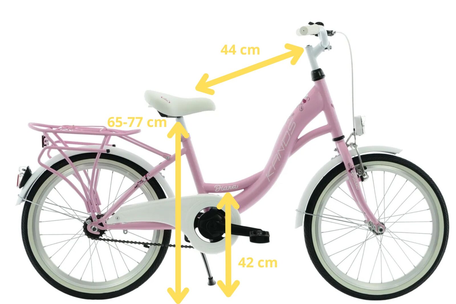 Pink bicycle with adjustable seat height specifications.