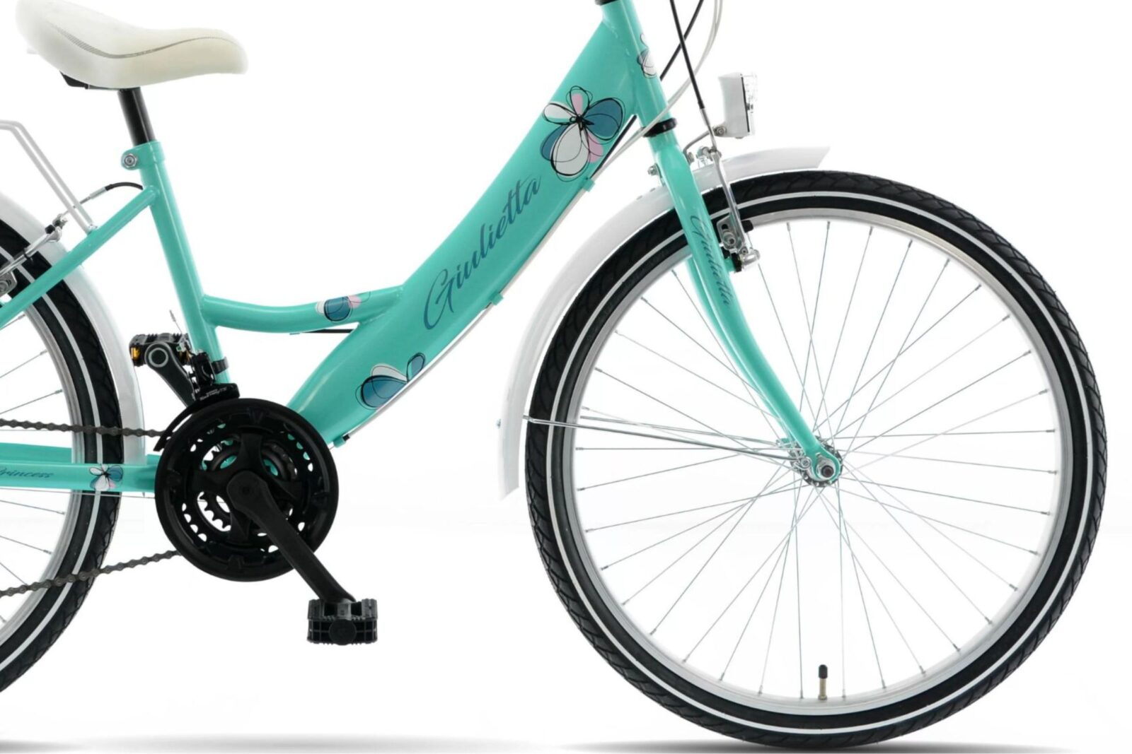 Turkos cykel med blommor och vit sadel