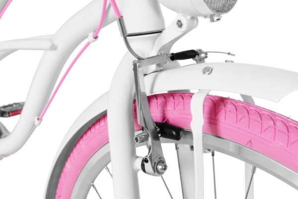 Cykeldäck med rosa detaljer och vit skärm