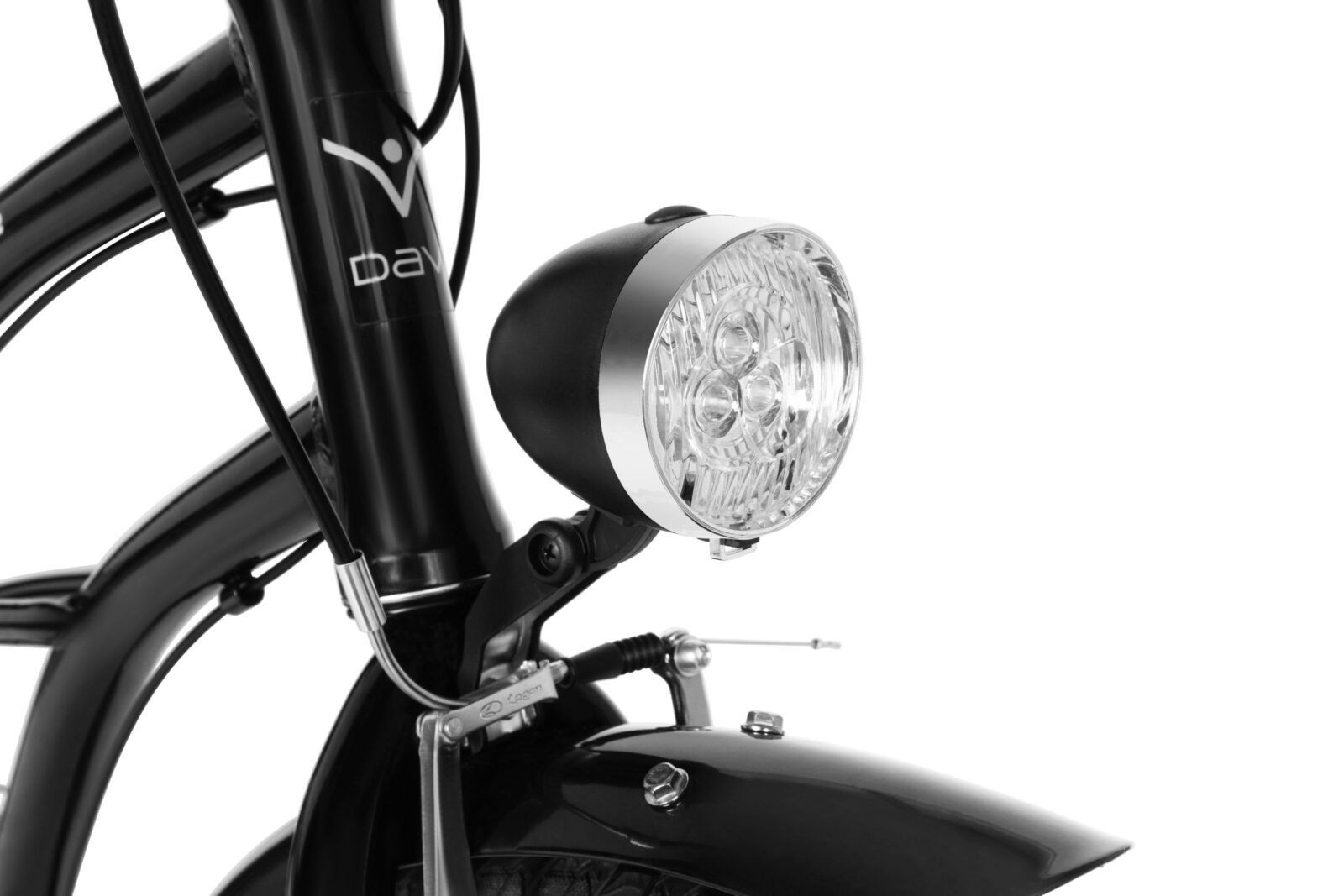 Framljus på svart cykel, närbild av strålkastare.