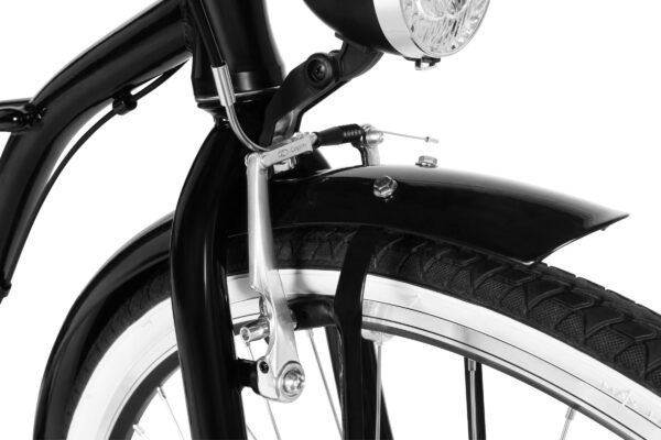 Närbild på cykelframgaffel med skärm och broms.