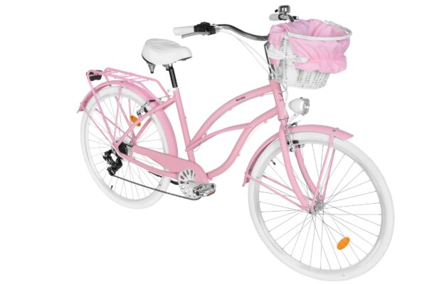 Rosa damcykel med vit sadel och korg fram.