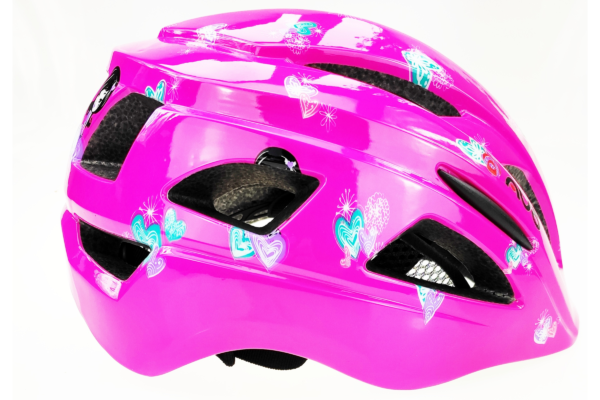 Rosa cykelhjälm med hjärtmönster för barn.
