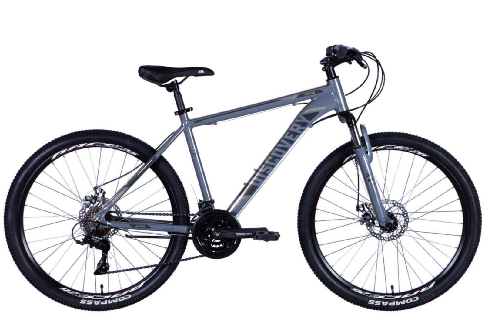 Grey mountain bike on a white background.