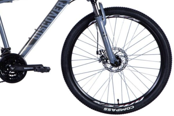 Close-up of a grey mountain bike wheel