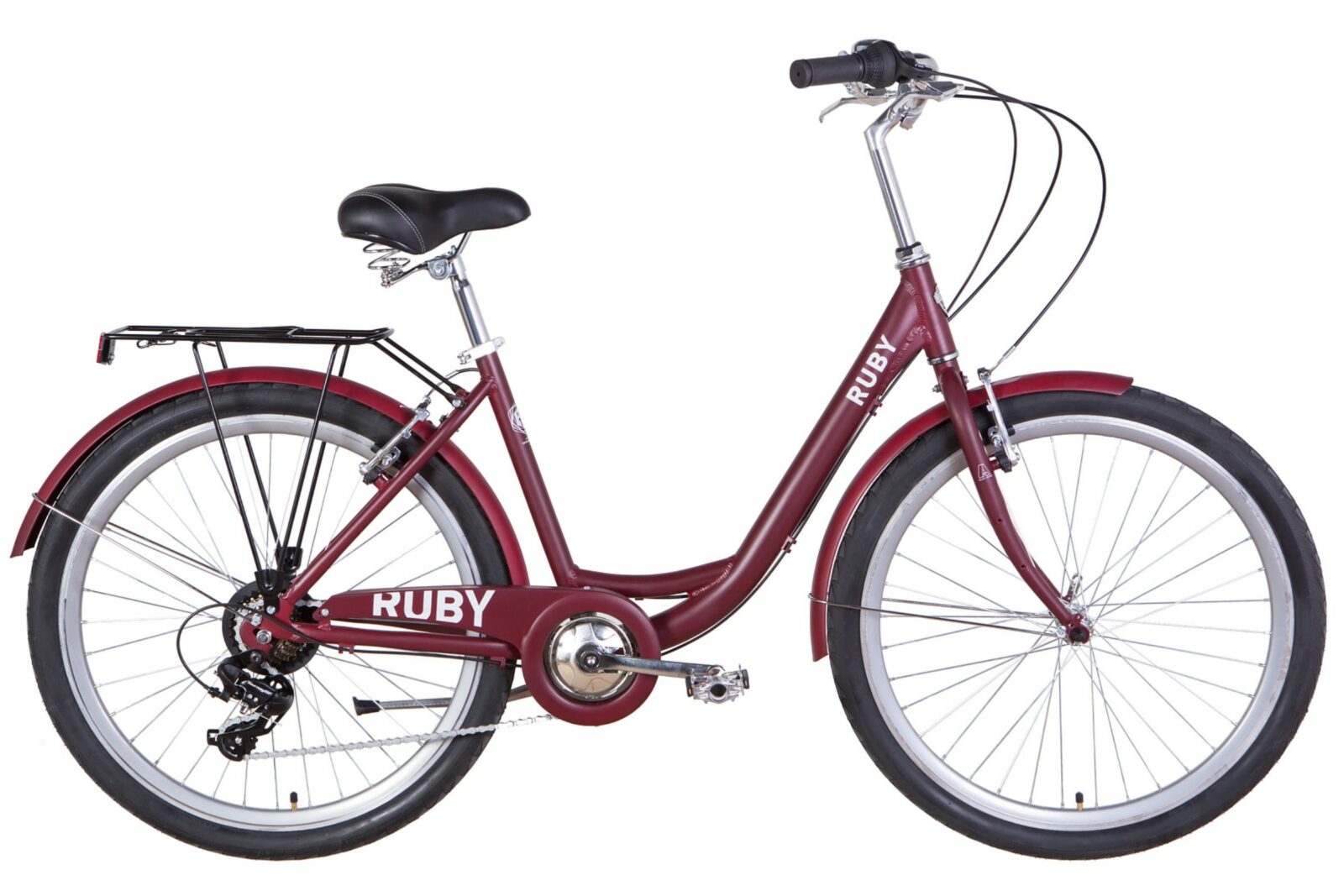Burgundy city bike with rear rack and comfortable seat