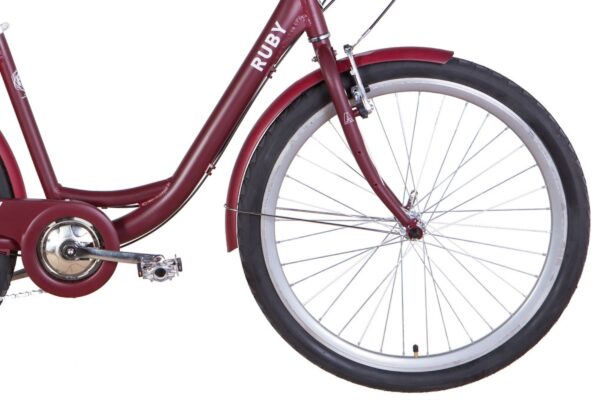 Close-up of a maroon bicycle wheel and frame.