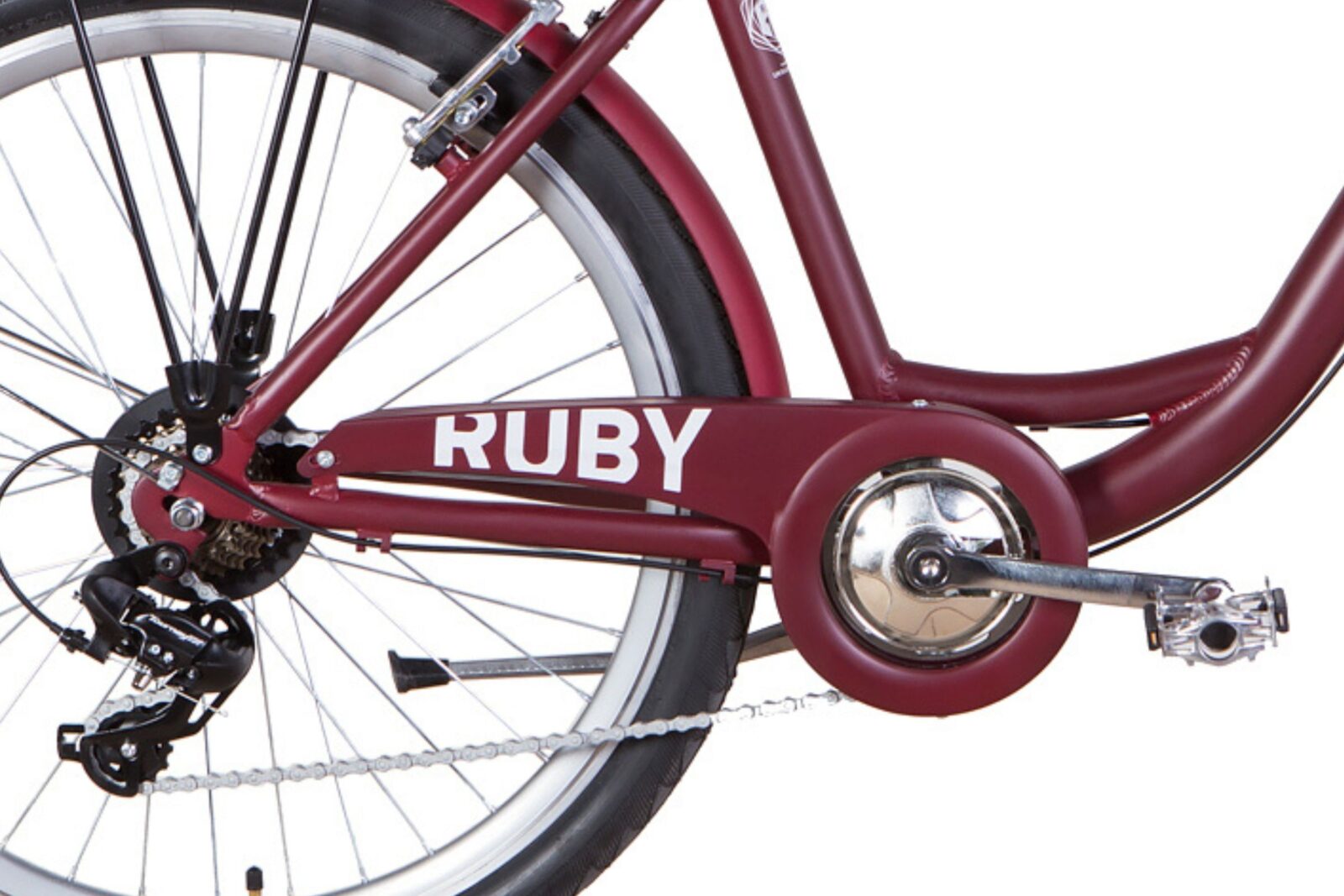 Close-up of a maroon bicycle's crank and pedals.
