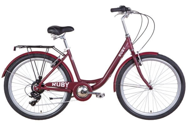 Burgundy city bike with rear rack and comfortable seat