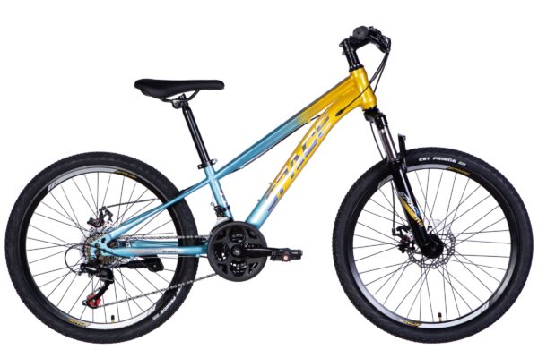 Blue and gold mountain bike on white background.