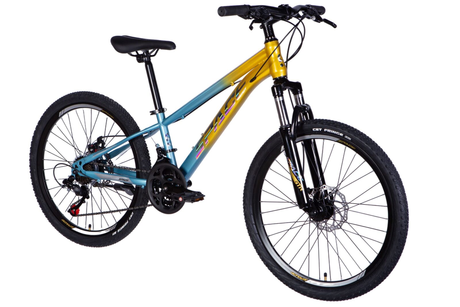 Colourful mountain bike with dual suspension.