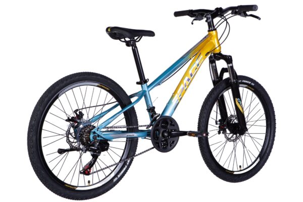 Blue and gold mountain bike displayed side view.