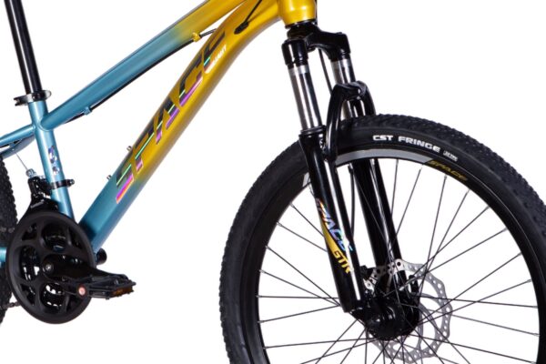Close-up of a colourful mountain bike's front fork.