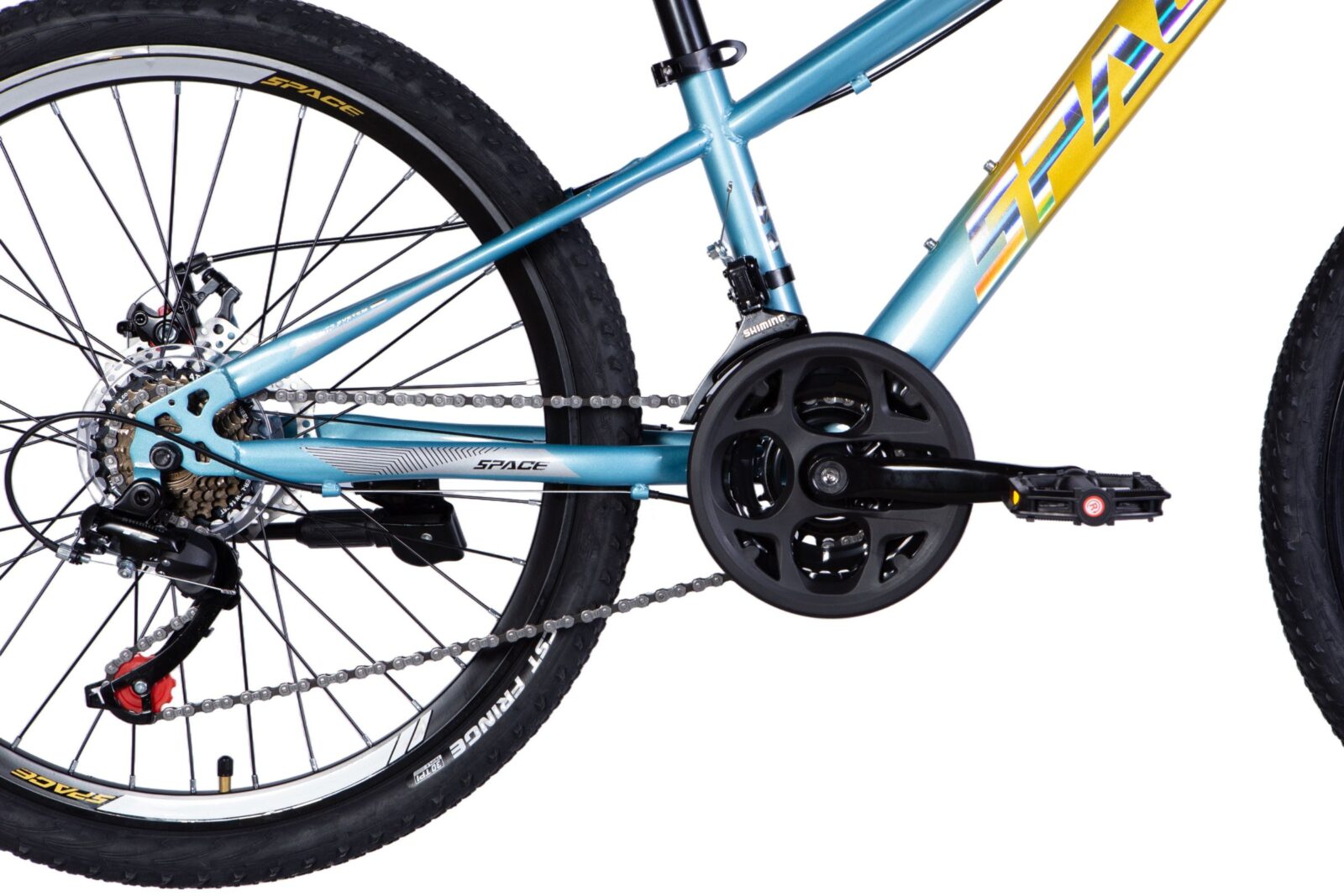 Close-up of a blue bicycle's drivetrain and pedals