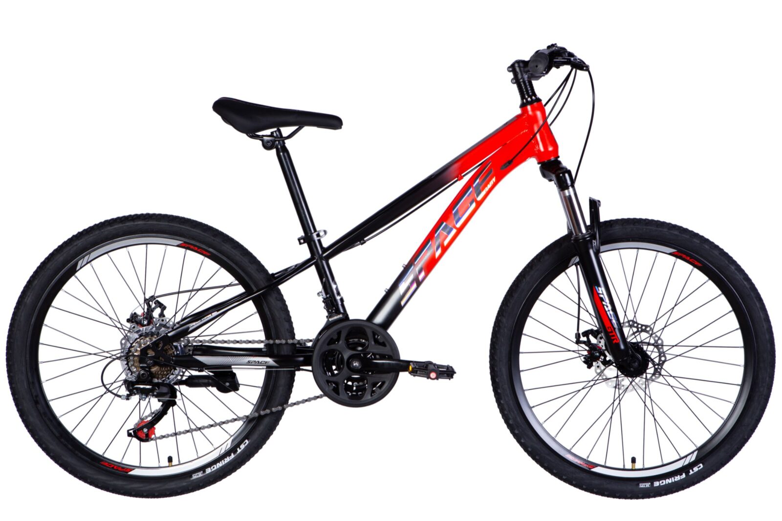 Red and black mountain bike on white background