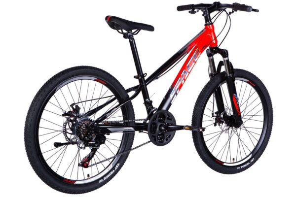 Red and black mountain bike on a white background