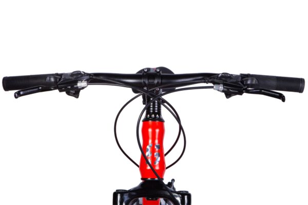 Close-up of a mountain bike's handlebars.