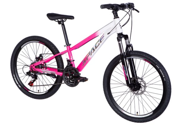 Pink and white mountain bike against white background