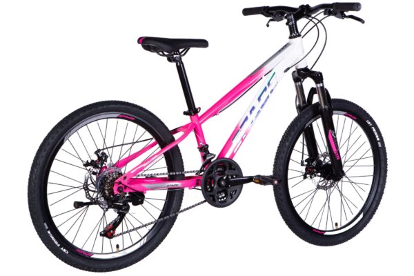 Pink and white mountain bike with thick tyres.