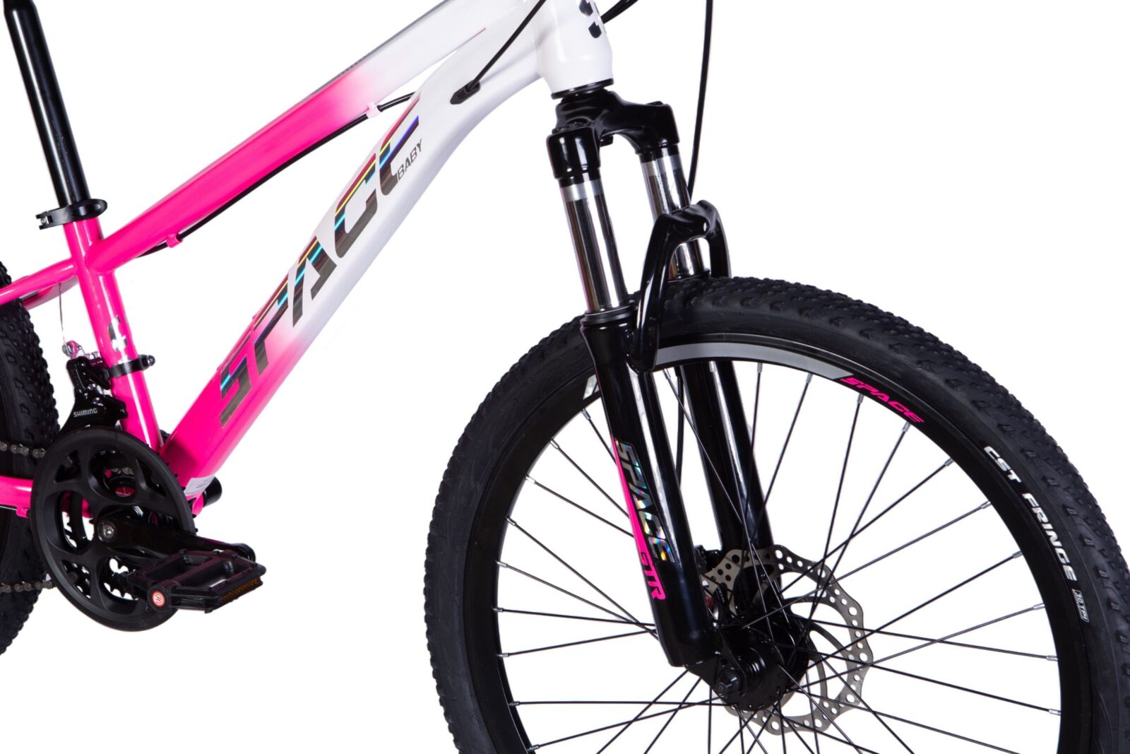 Close-up of a pink and white mountain bike.