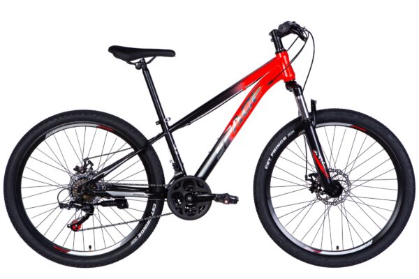 Red and black mountain bike on white background.