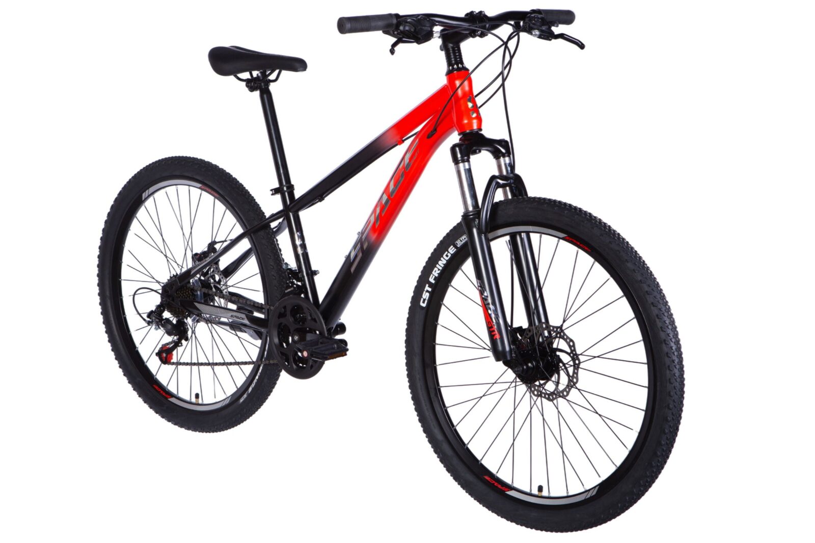 Red and black mountain bike on a white background