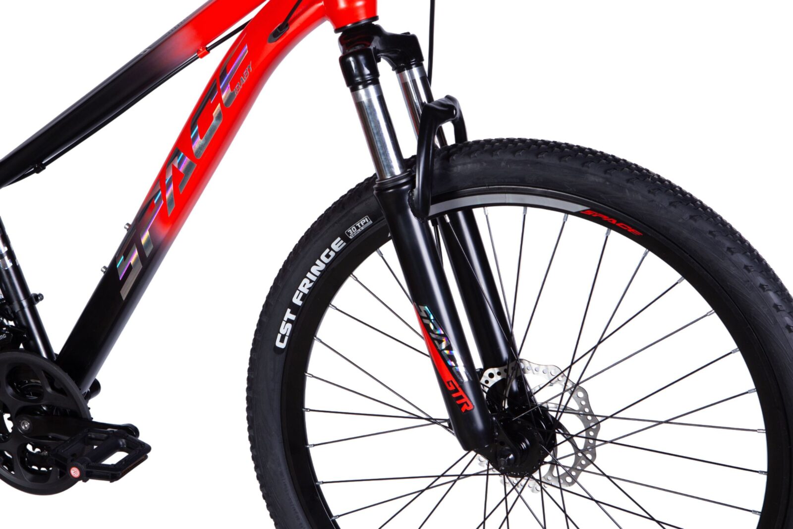 Close-up of a red and black mountain bike.