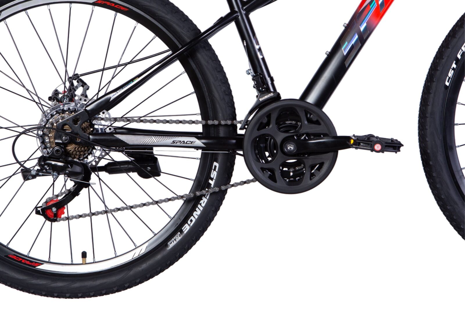 Close-up of a mountain bike's drivetrain and pedals.