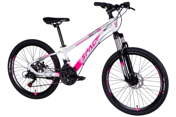 White and pink mountain bike on a white background.