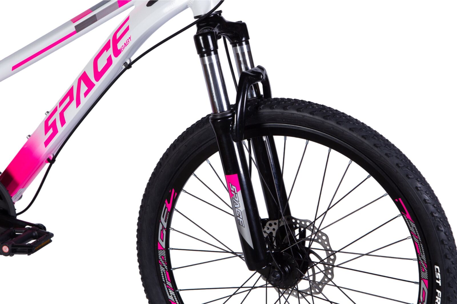 Mountain bike front fork with pink accents