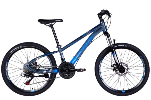 Mountain bike with blue frame and black wheels