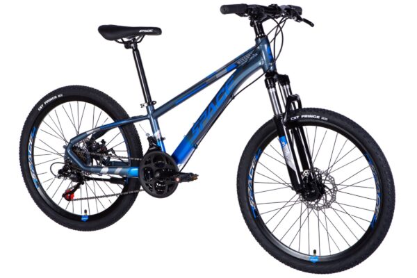 Blue mountain bike with dual suspension and disc brakes.