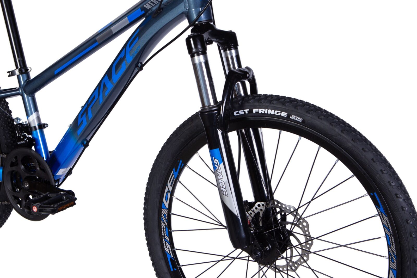 Close-up of a mountain bike's front fork and wheel.