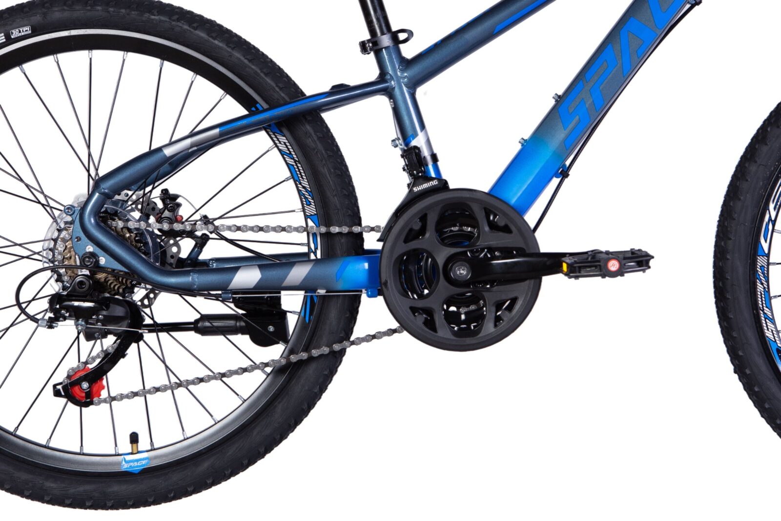 Close-up of a blue mountain bike's drivetrain.