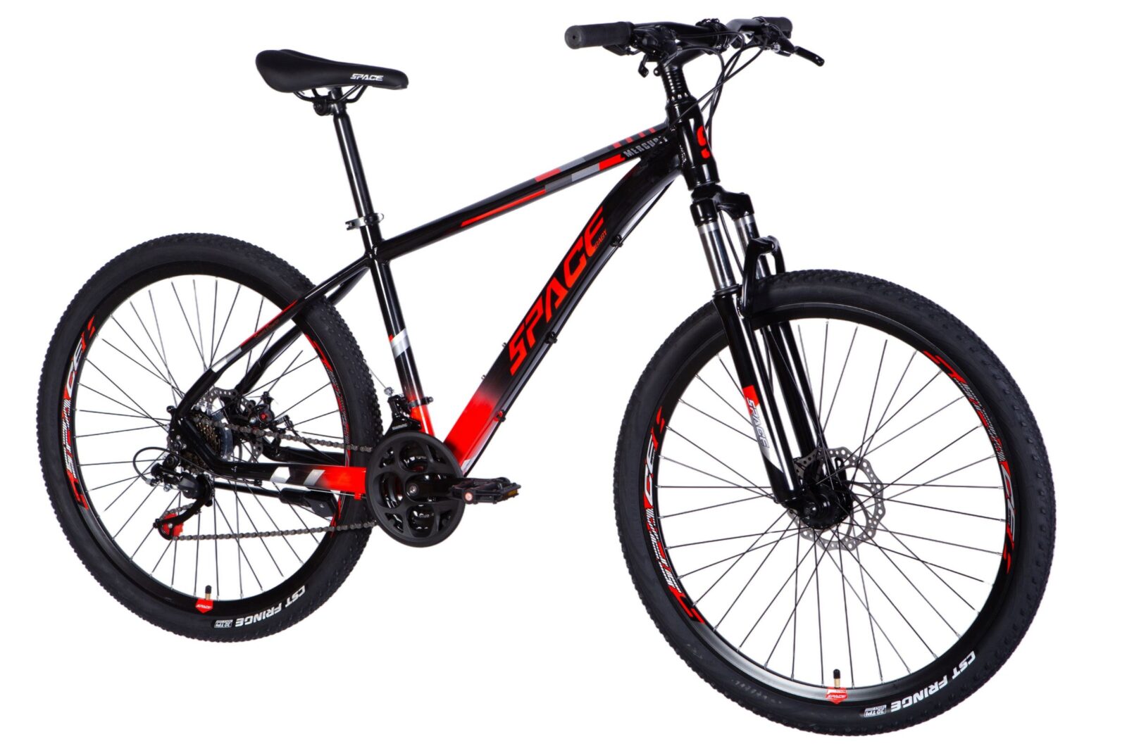 Black and red mountain bike on white background