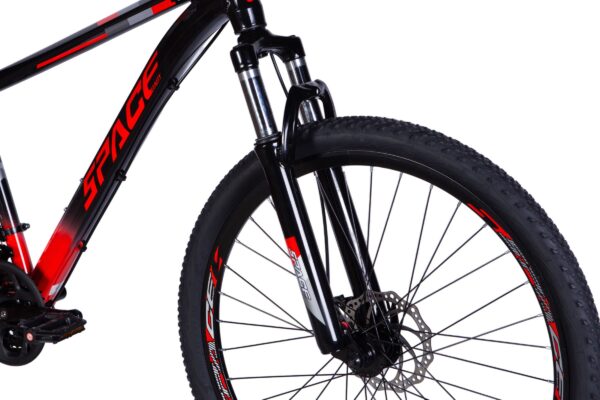 Close-up of a mountain bike's front fork.