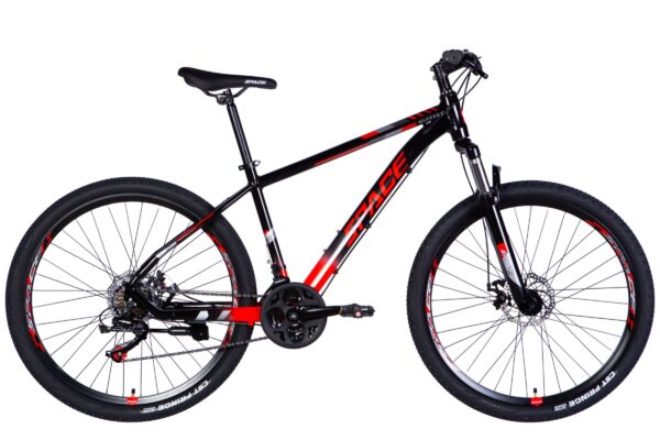 Black and red mountain bike on white background