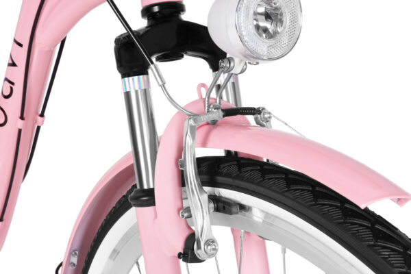 Detalj av rosa cykel med lampa och broms
